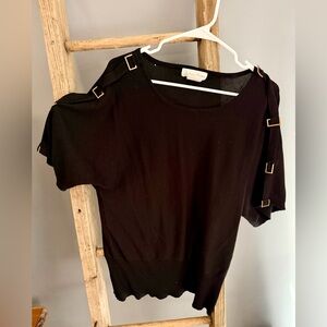 Adrienne Vittadini Black Short Sleeve Top with Gold Buckle Accents